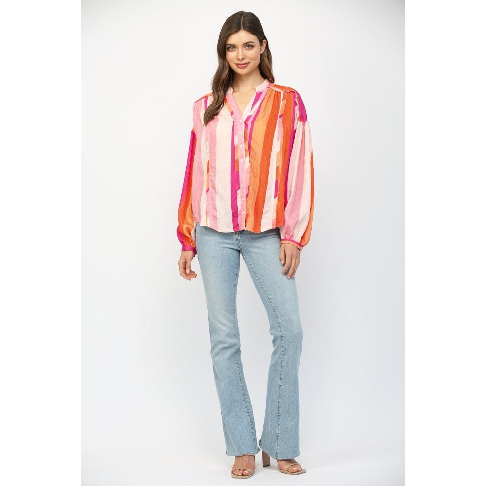 Fate Womens Pink Orange Striped Button Down Balloon Sleeve Blouse FT23201 Small
